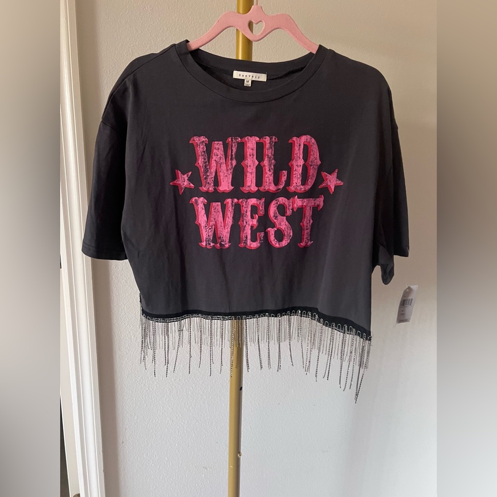 BaeVely Black with Pink Wild West Graphic Crop Top with Rhinestone Fringe MED